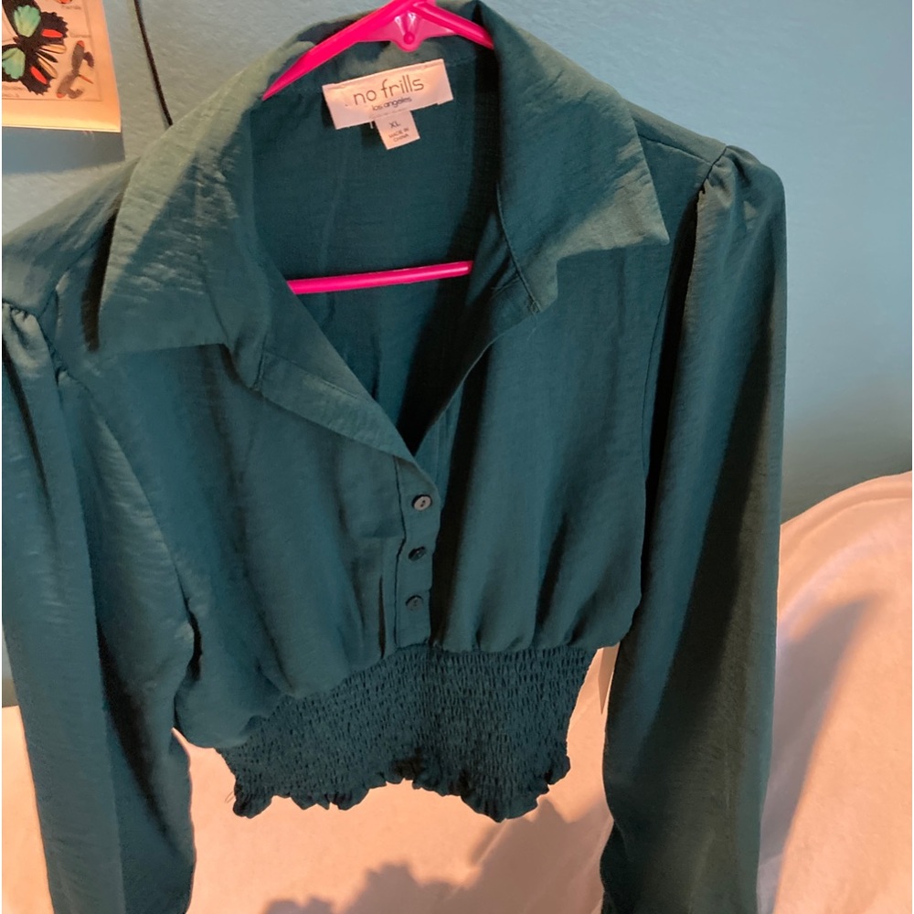 No frills green elastic waist. Waist length crop long sleeve button up top NWT